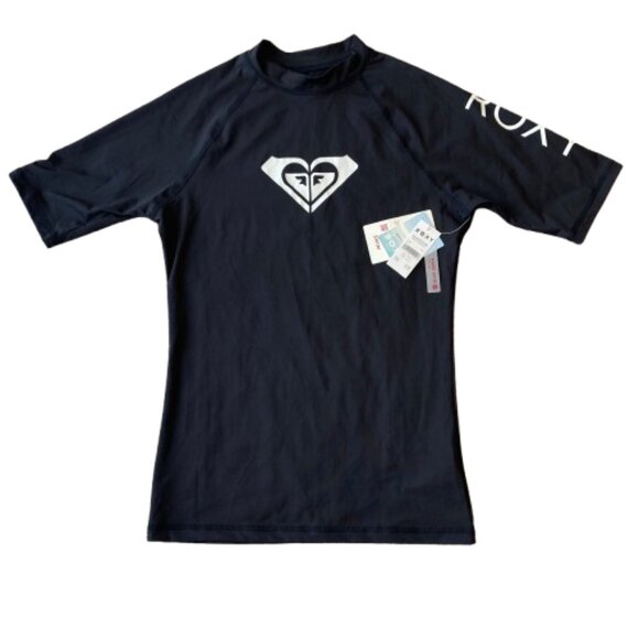 ROXY Whole Hearted Short Sleeve Rash Guard Swim Shirt Women’s Small S Black NWT - Picture 1 of 7